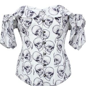 Corset Story Gothic Skull Corset Top Grilled Sleeves Grey White